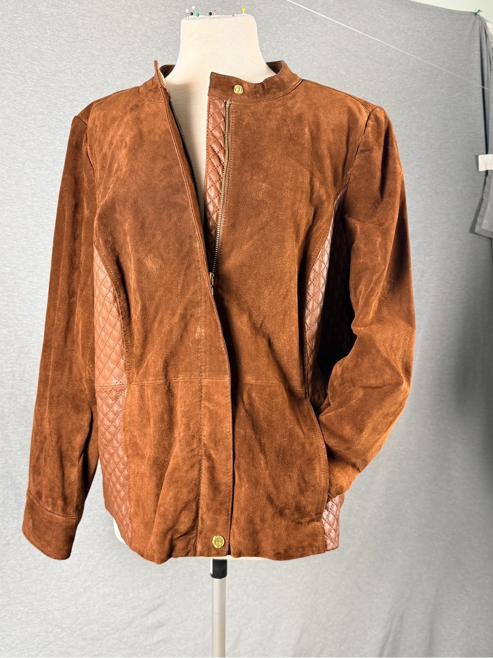 Isaac Mizrahi Sz 20 W Brown Suede Quilted-Panel Moto Jacket